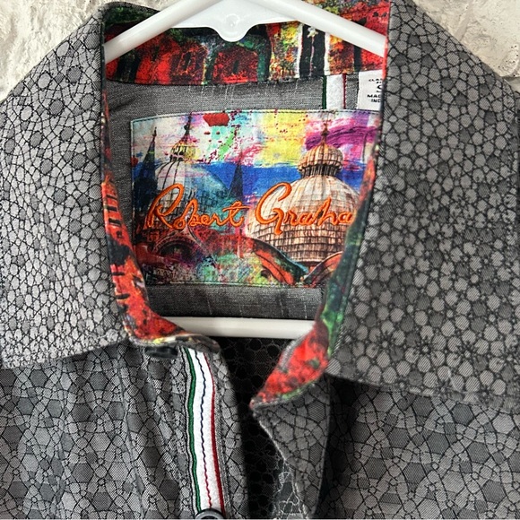 Robert Graham Gray Geometric Shirt with Colorful Collar Men’s S - Picture 2 of 8